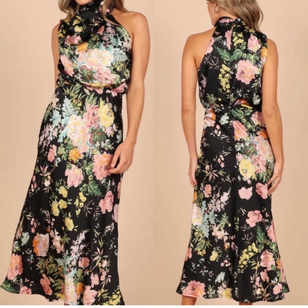 Petal + Pup Annabelle Halter Neck Satin Midi Dress: Black Pink Floral